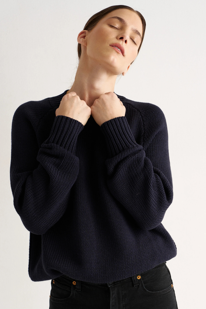 Model wearing Jamie Haller The New Crew Navy front view