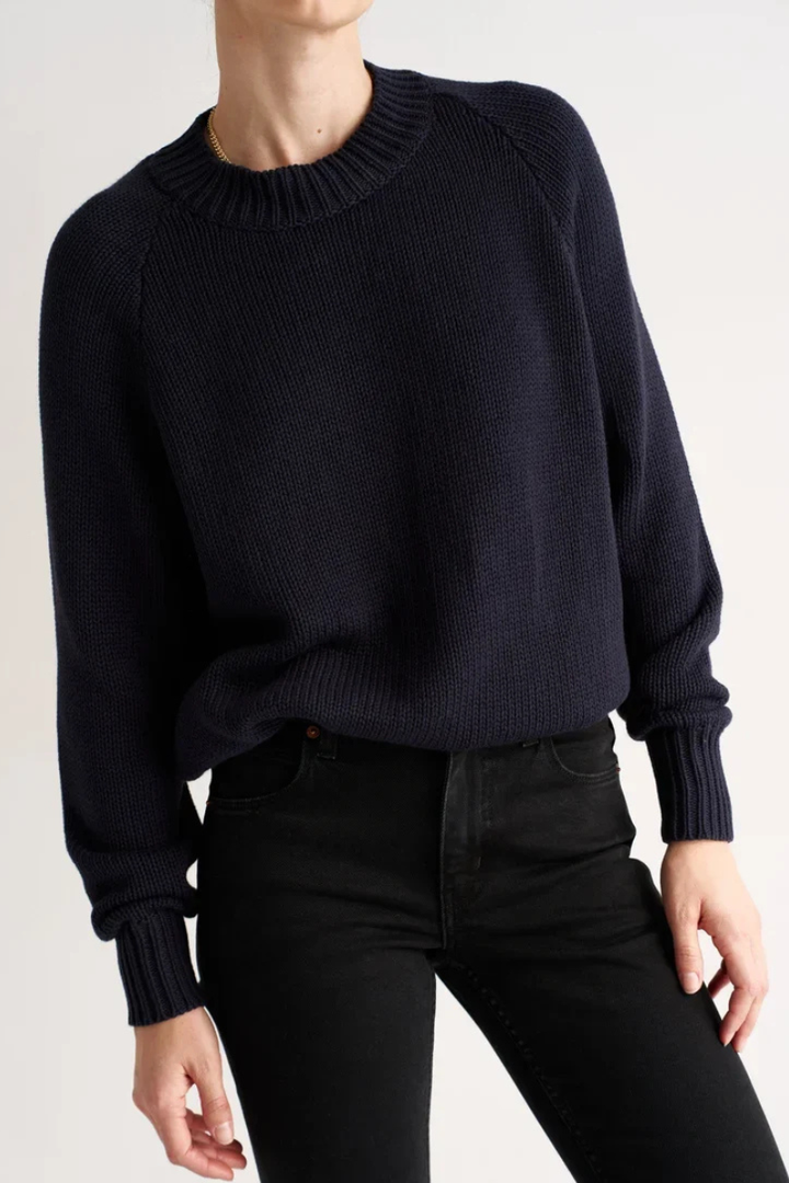 Model wearing Jamie Haller The New Crew Navy front view