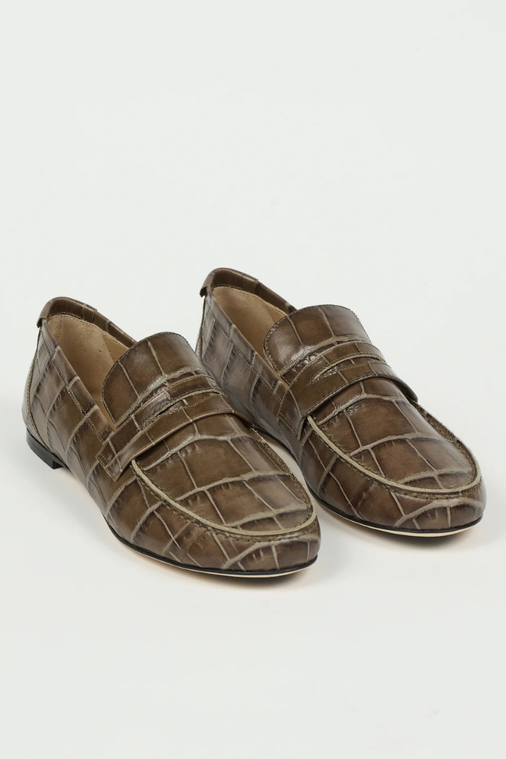 Flat lay of Jamie Haller The Penny Loafer Grey Croc front/side VIEW