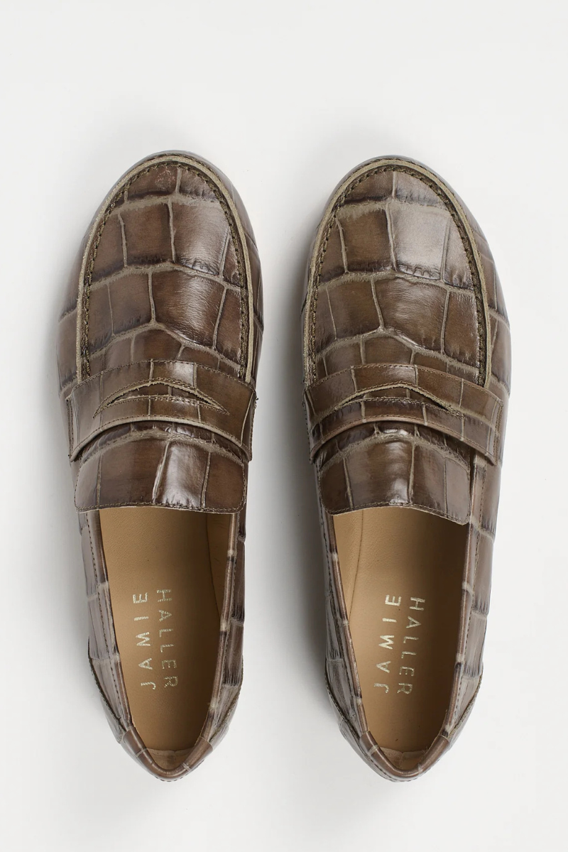 Flat lay of Jamie Haller The Penny Loafer Grey Croc TOP VIEW