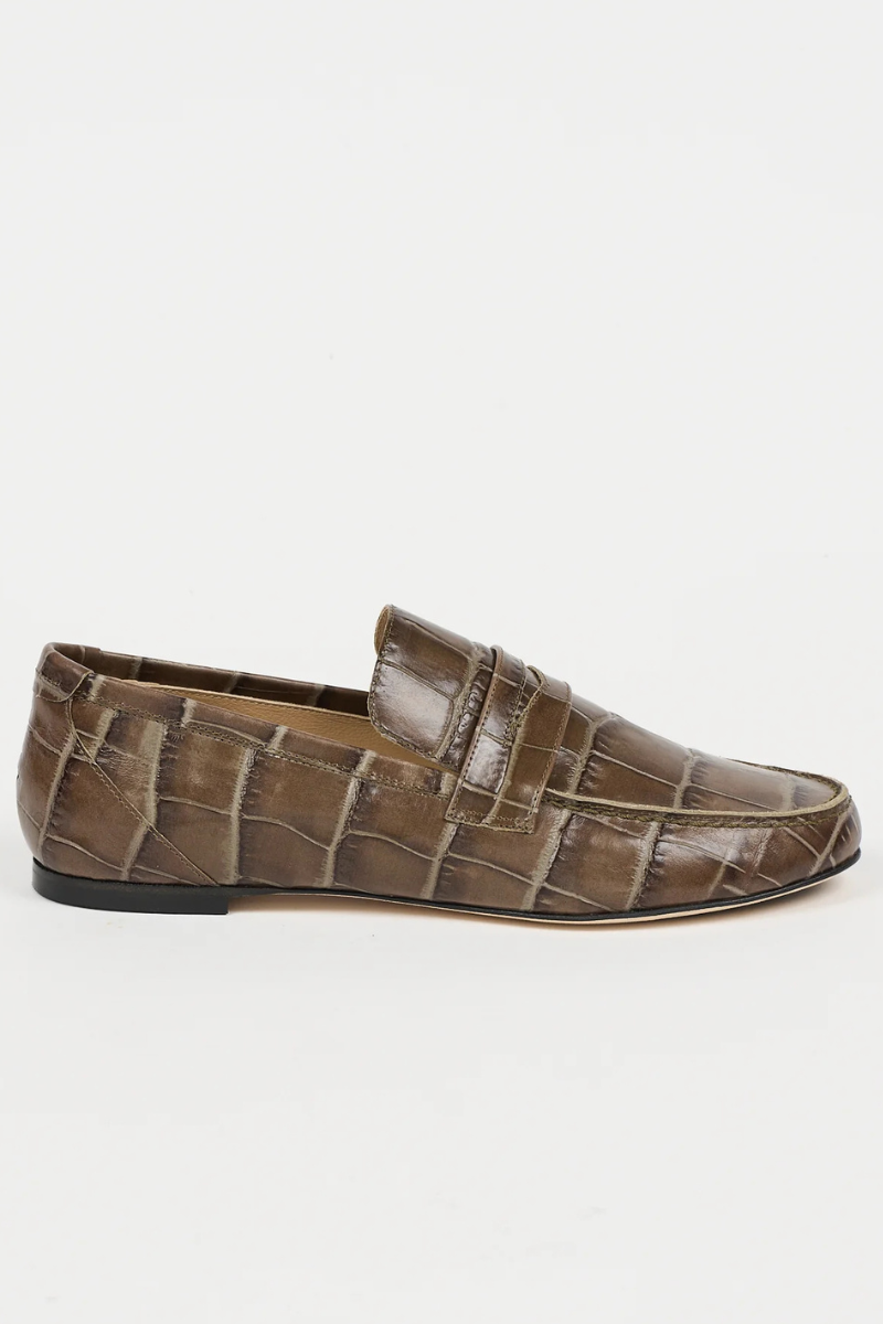 Flat lay of Jamie Haller The Penny Loafer Grey Croc side VIEW