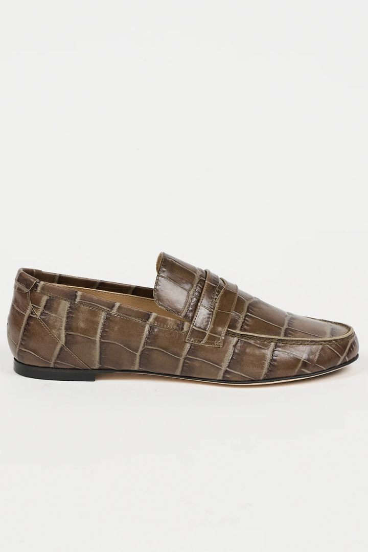 Flat lay of Jamie Haller The Penny Loafer Grey Croc side VIEW