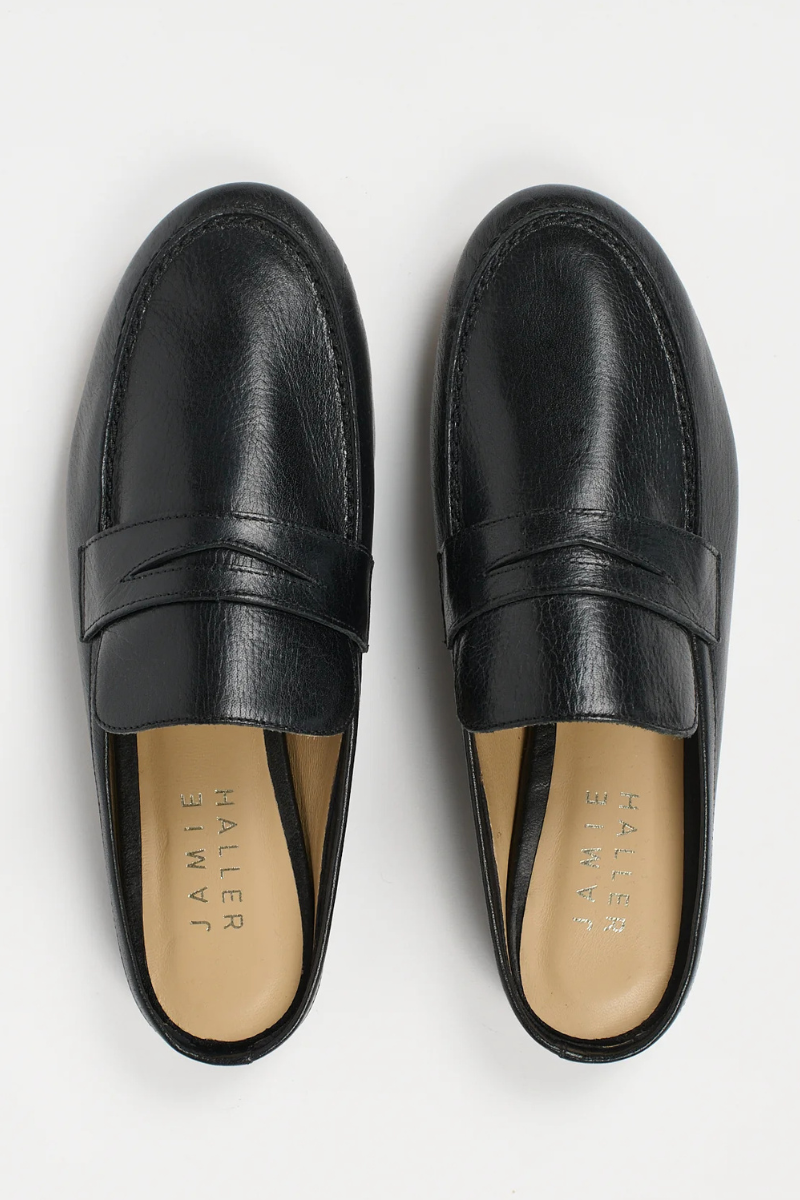 Flat lay of Jamie Haller The Penny Loafer Mule Black front view