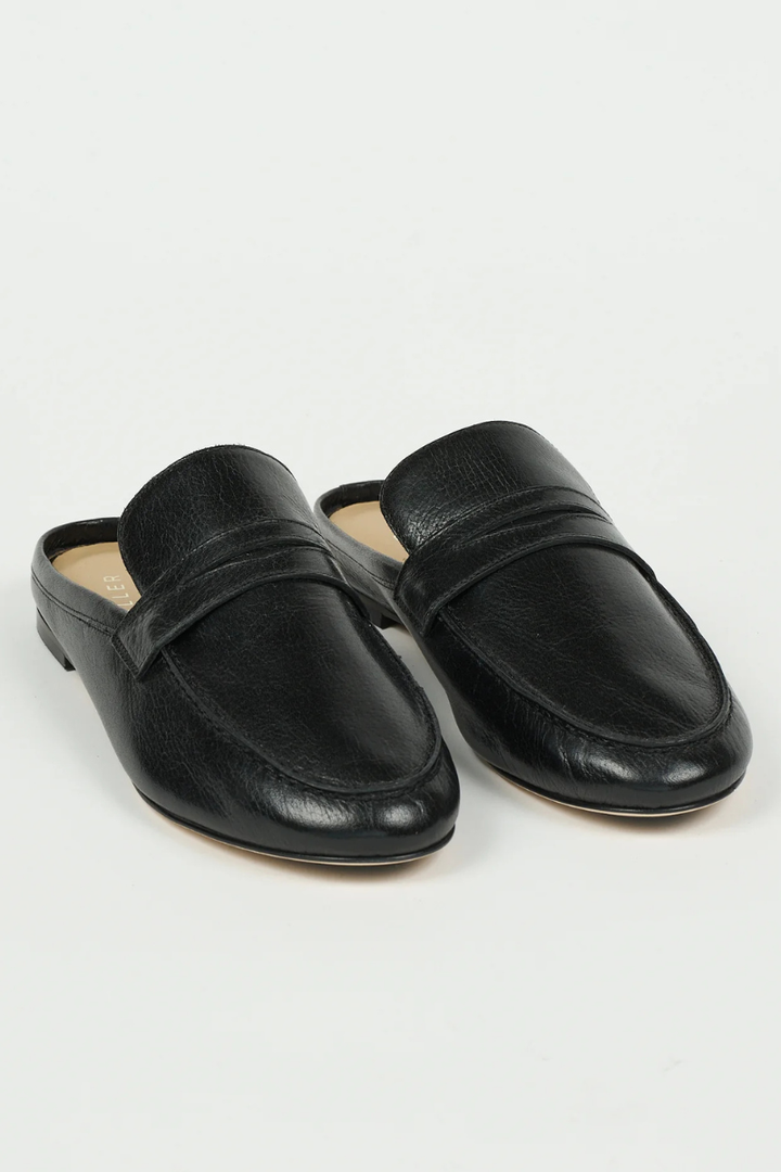 Flat lay of Jamie Haller The Penny Loafer Mule Black front view