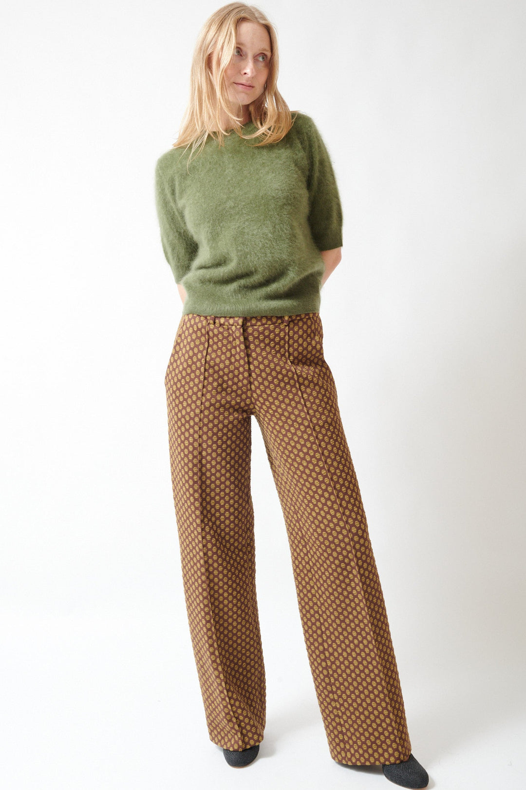 Madi wearing Odeeh Hexagons Pant front view