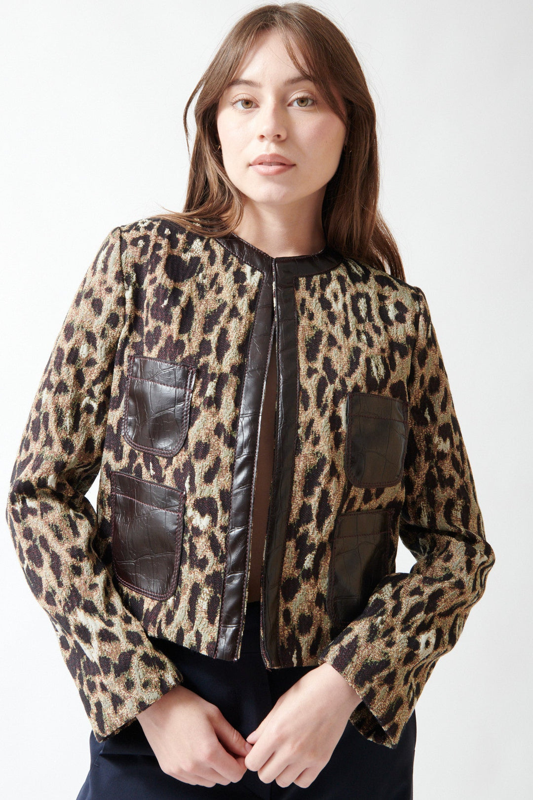 Angela wearing Odeeh Jacquard Leopard Open Jacket front view