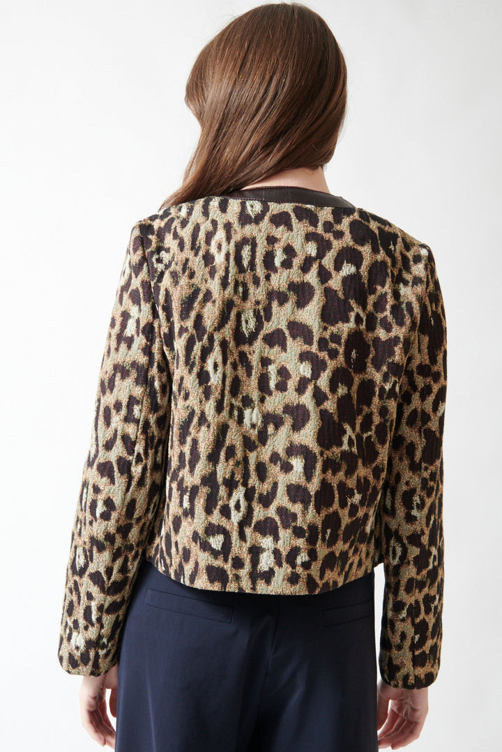Angela wearing Odeeh Jacquard Leopard Open Jacket rear view