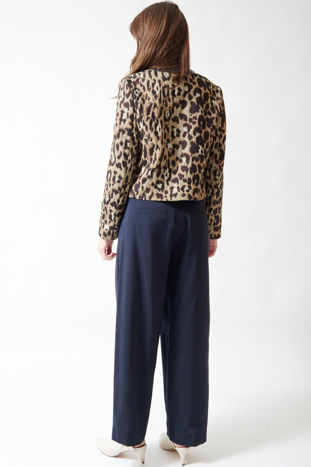 Angela wearing Odeeh Light Oxford Wool Trouser rear view