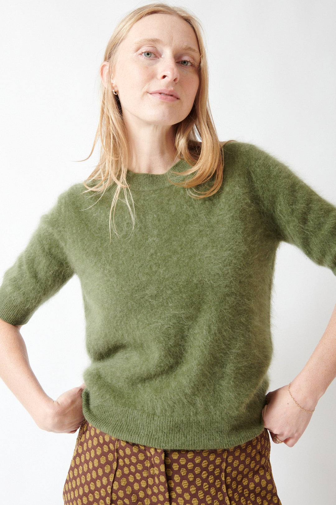 Madi wearing Odeeh Brushed Cashmere Mid Sleeve Sweater front view