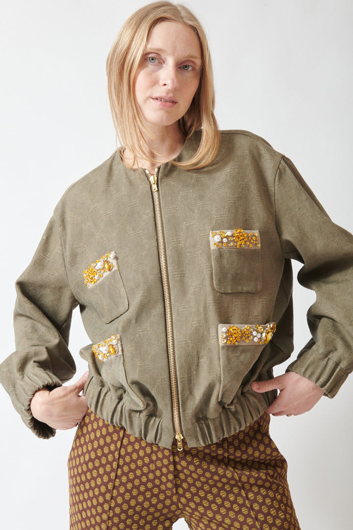 Madi wearing Odeeh Cotton Damask Bejeweled Zip Jacket front view