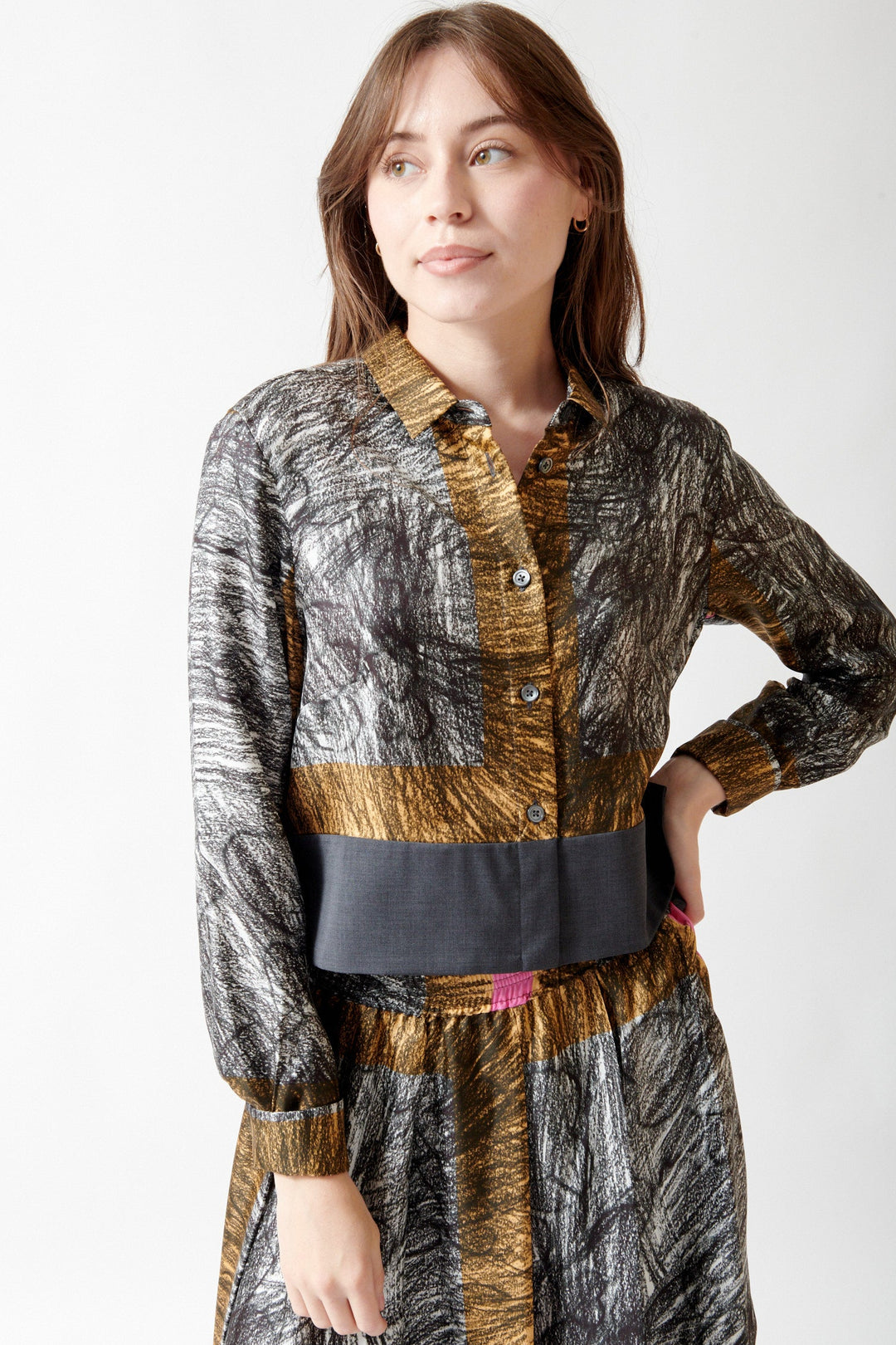 Angela wearing Odeeh Foulard Scribbles Blouse front view