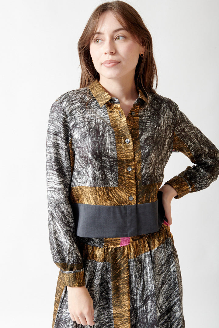 Angela wearing Odeeh Foulard Scribbles Blouse front view