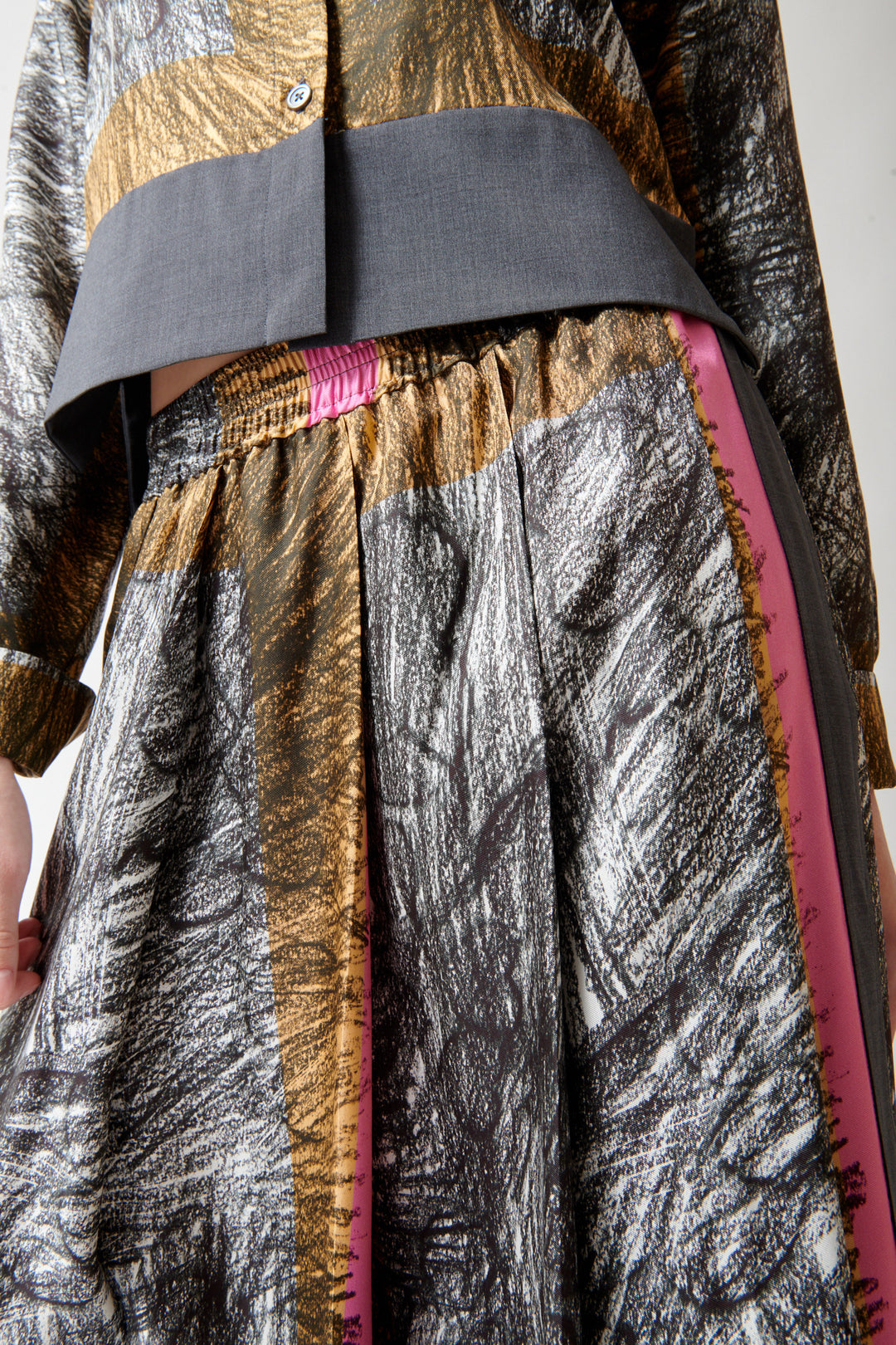 Angela wearing Odeeh Foulard Scribbles Skirt front/detail view