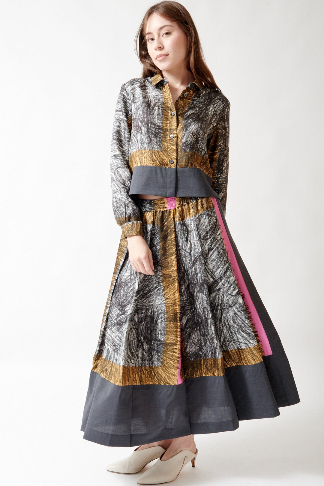 Angela wearing Odeeh Foulard Scribbles Skirt front view