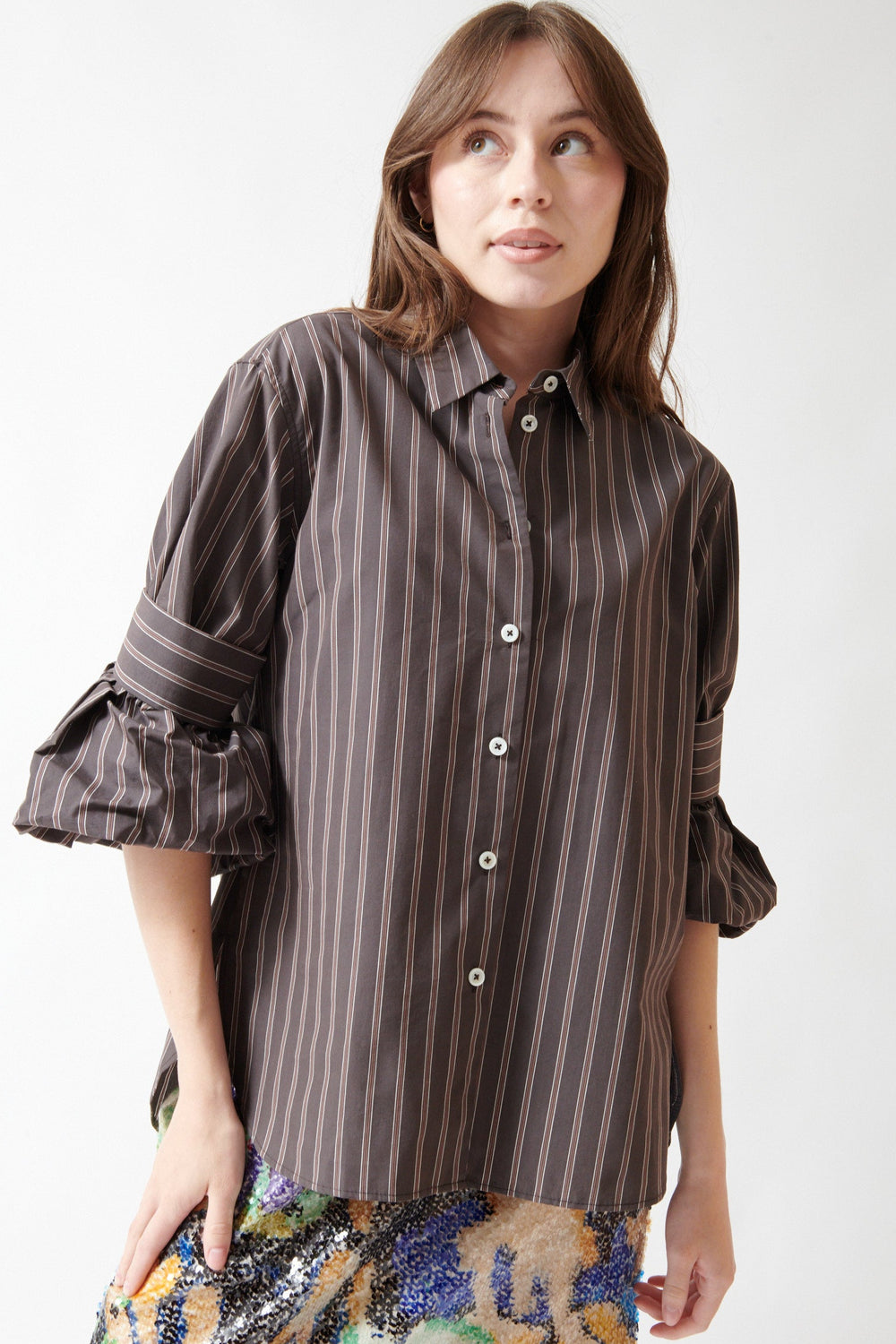 Angela wearing Odeeh Mens Stripe Feature Sleeve Shirt front view