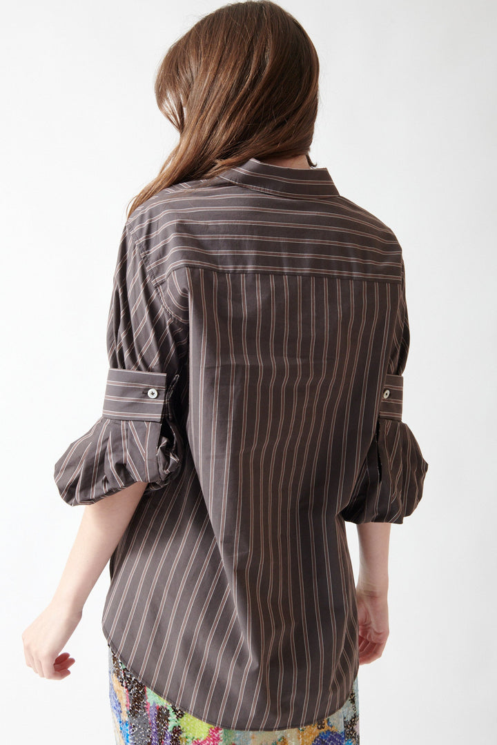 Angela wearing Odeeh Mens Stripe Feature Sleeve Shirt rear view