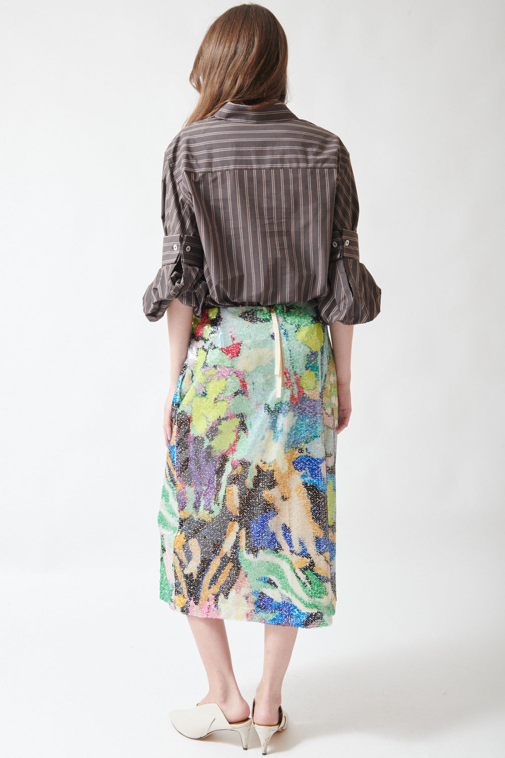 Angela wearing Odeeh Sequin Floral Skirt rear view