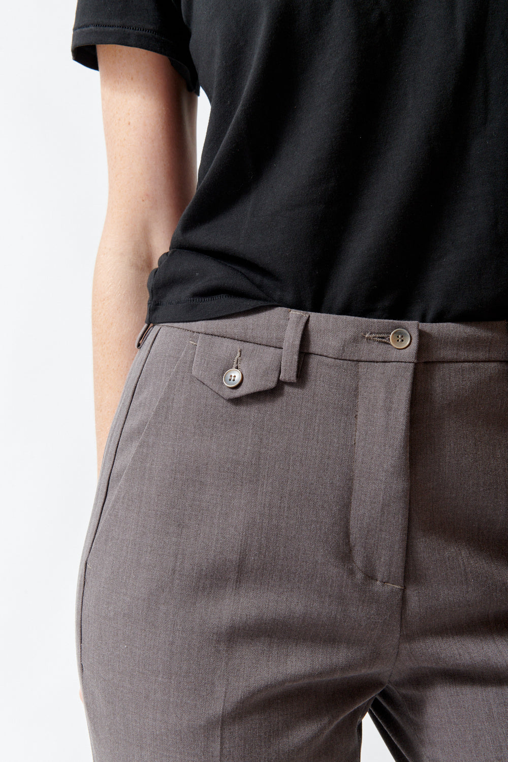 Maddie wearing Seventy Joannie Trouser front/detail view