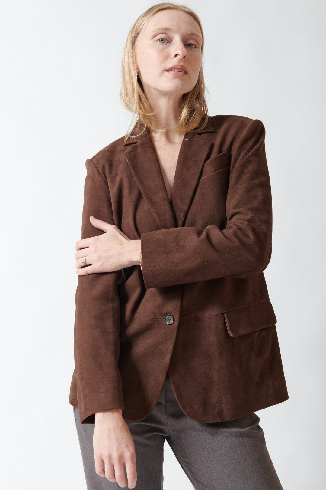 Madi wearing Seventy Mary Suede Blazer front view