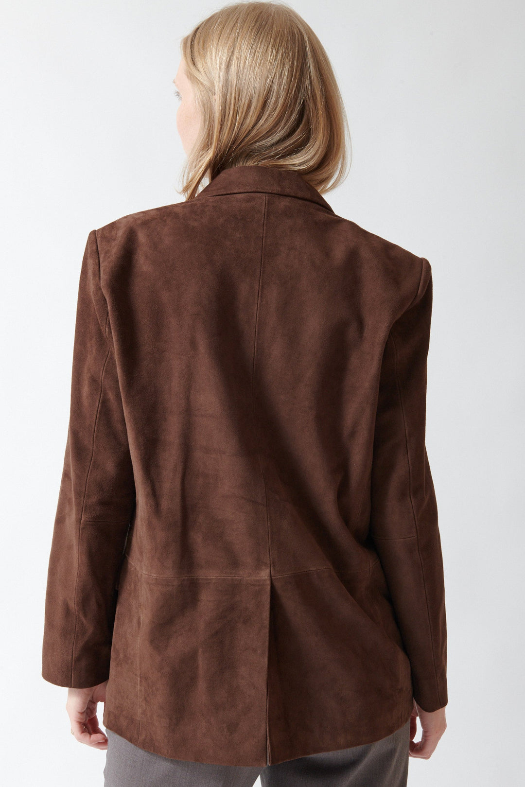 Madi wearing Seventy Mary Suede Blazer rear view