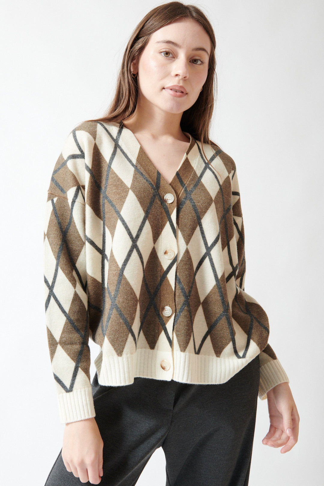 Angela wearing Seventy Susan Argyle Cardigan front view