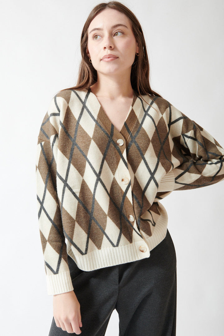 Angela wearing Seventy Susan Argyle Cardigan front view