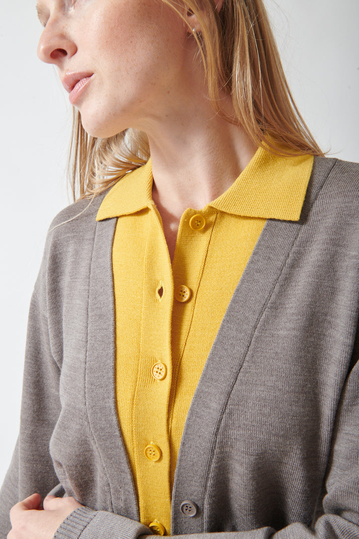 Madi wearing Stine Goya Layered Knit Long Sleeve Cardigan front/detail view