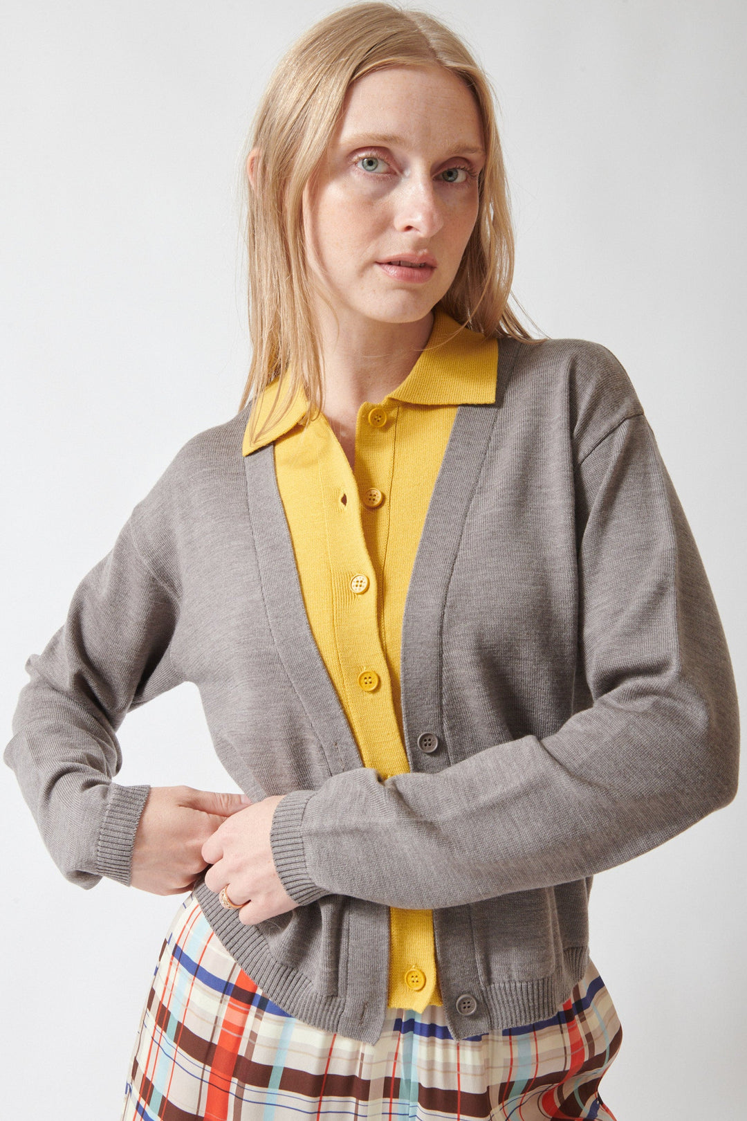 Madi wearing Stine Goya Layered Knit Long Sleeve Cardigan front view