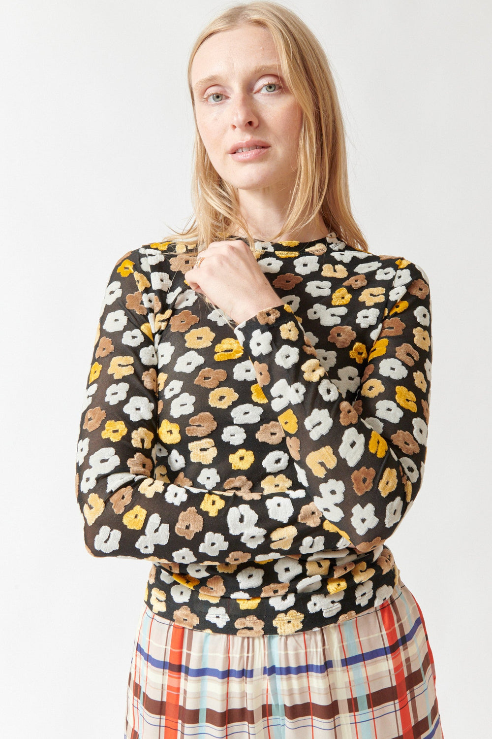 Madi wearing Stine Goya Velvet Devore Long Sleeve Elasticated Top Petal Polka front view