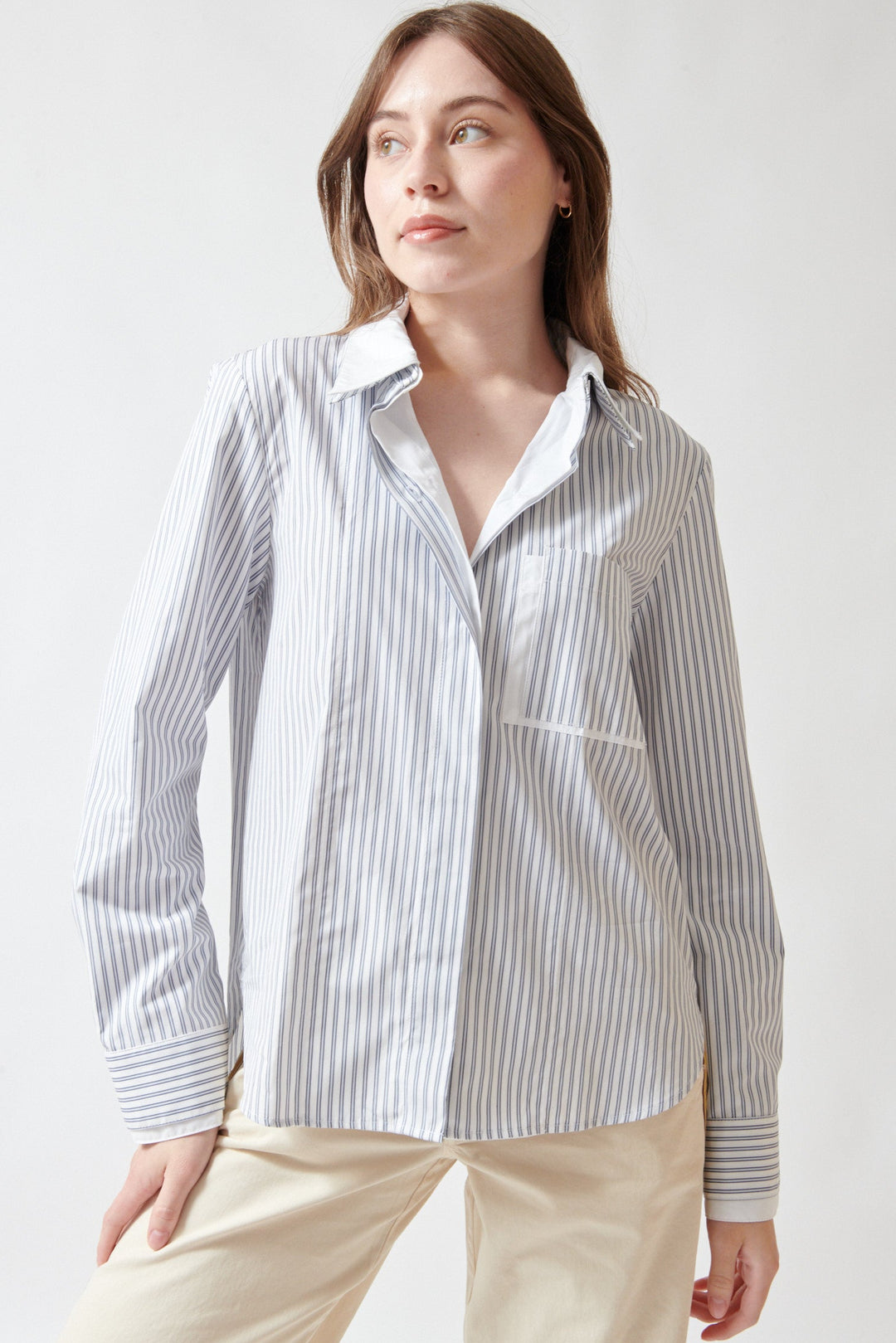 Angela wearing TWP Double Layer Boyfriend Shirt front view