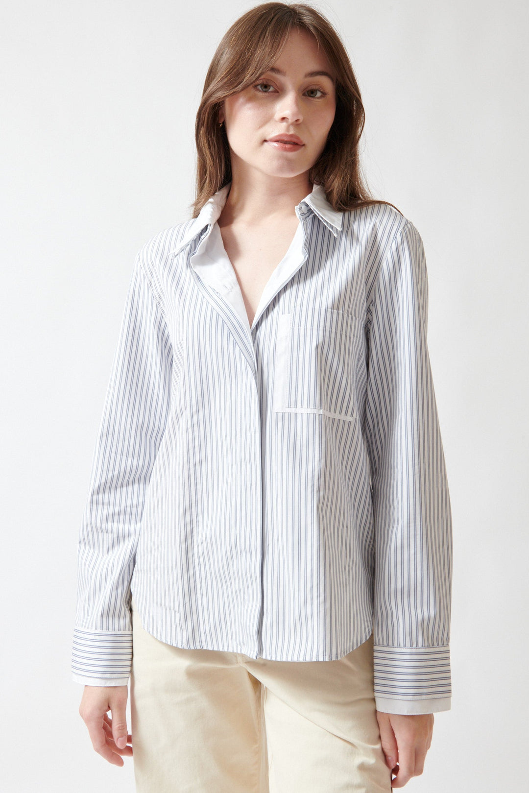 Angela wearing TWP Double Layer Boyfriend Shirt front view