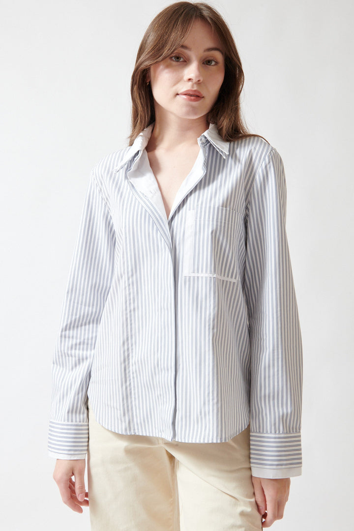 Angela wearing TWP Double Layer Boyfriend Shirt front view