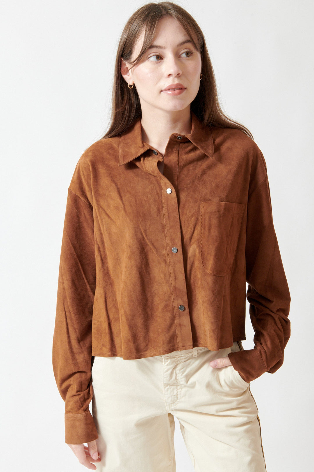 Angela wearing TWP Lambskin Little Big Joe Shirt front view