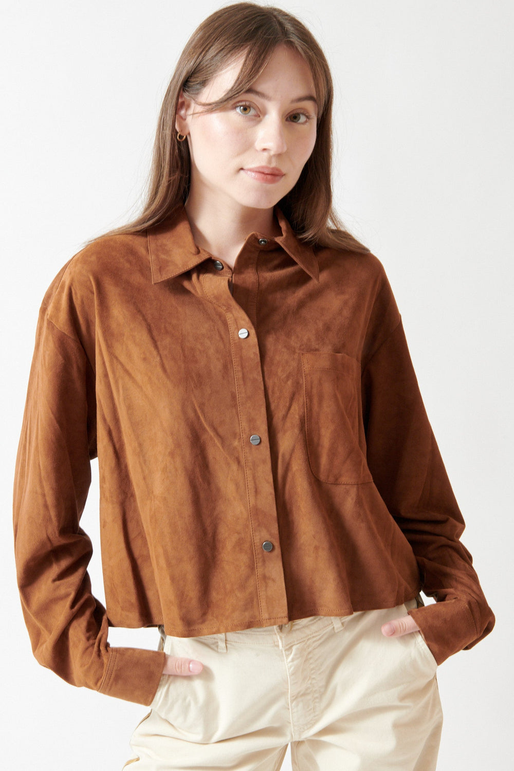 Angela wearing TWP Lambskin Little Big Joe Shirt front view