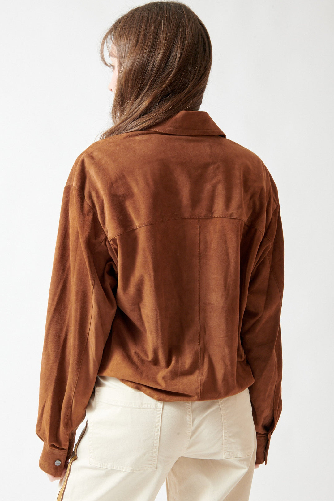 Angela wearing TWP Lambskin Little Big Joe Shirt rear view
