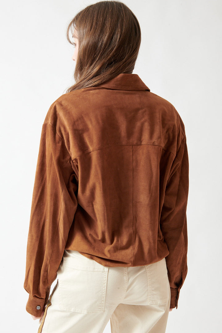 Angela wearing TWP Lambskin Little Big Joe Shirt rear view