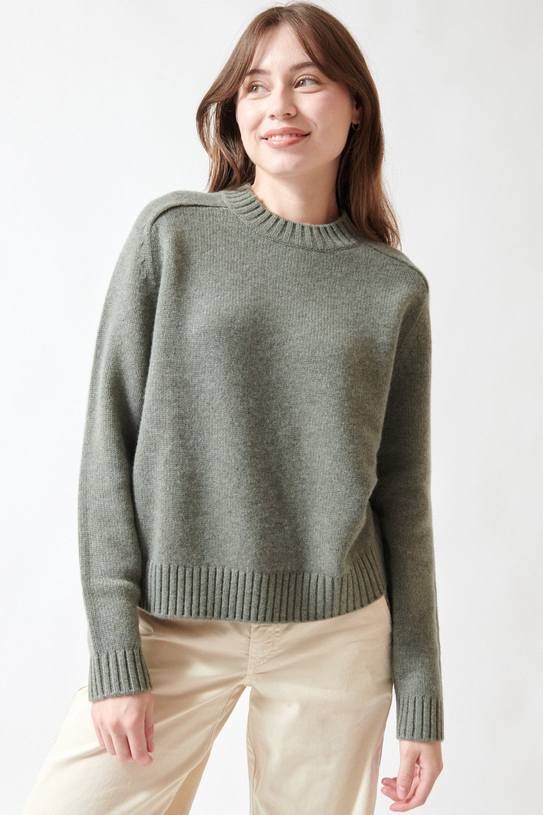 Angela wearing TWP New Jill Crewneck Sweater front view