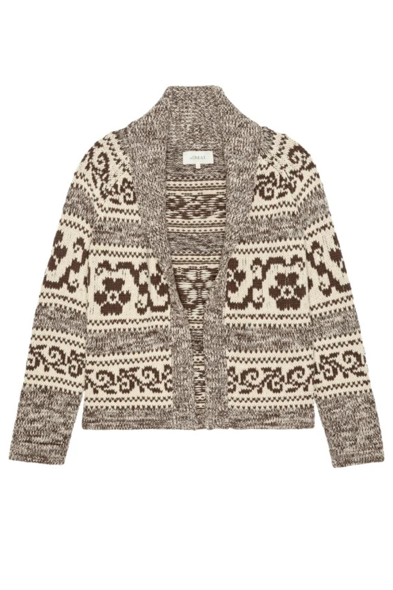 Flat lay of The Great The Nordic Flower Lodge Cardigan Marled Chestnut front view