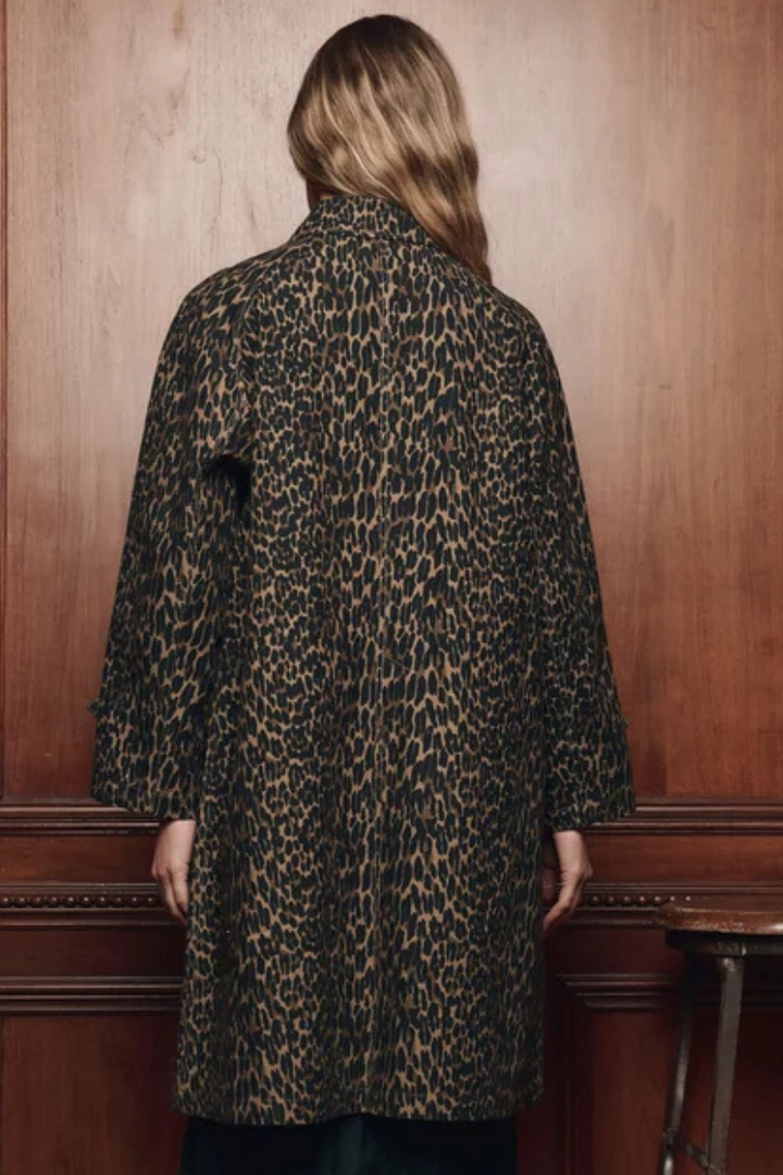 Model wearing The Great The Trench Coat Dark Leopard rear view