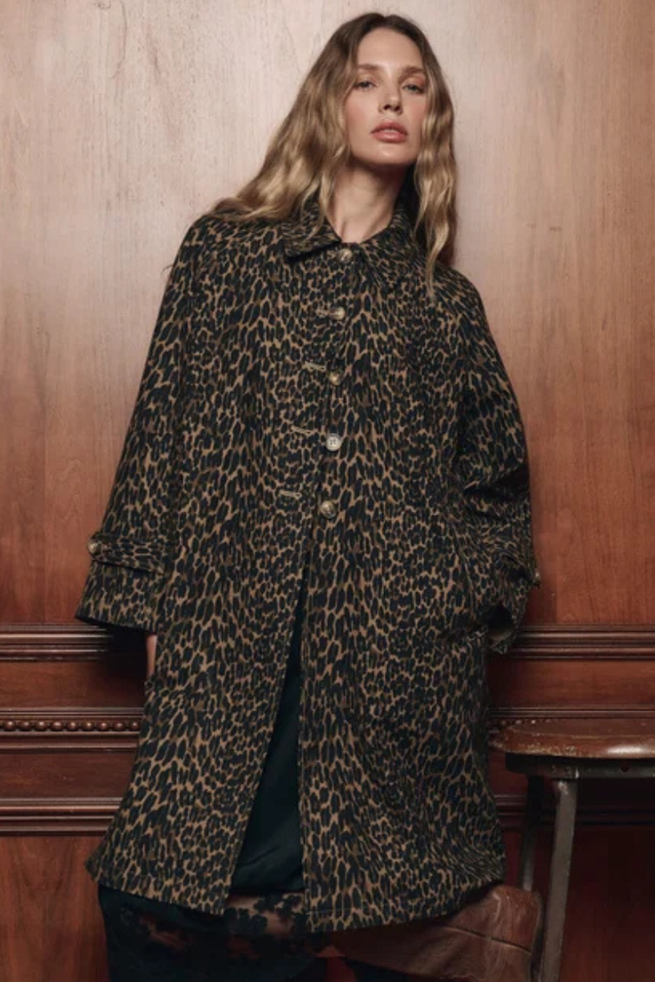 Model wearing The Great The Trench Coat Dark Leopard front view