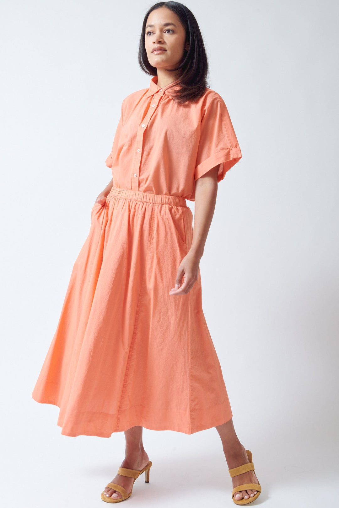 Amanda wearing Lilla P Voile Circle Skirt Nectar front view