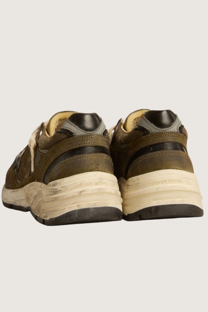 Flat lay of Golden Goose Running Dad New Olive Green Grey Black rear view