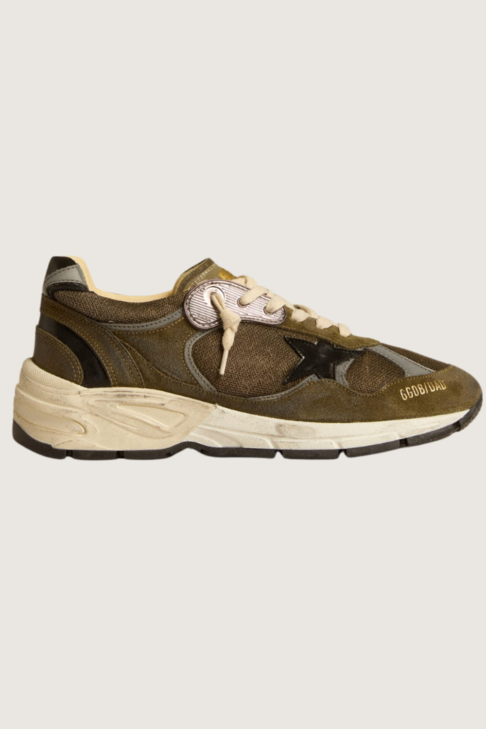 Flat lay of Golden Goose Running Dad New Olive Green Grey Black side view