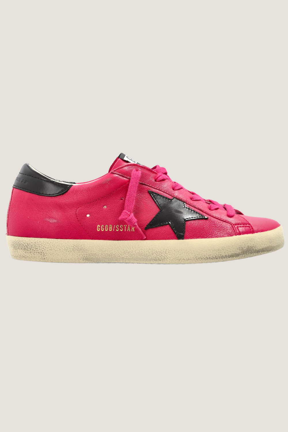 Model wearing Golden Goose Super Star Classic With List Hot Pink Mogano side view