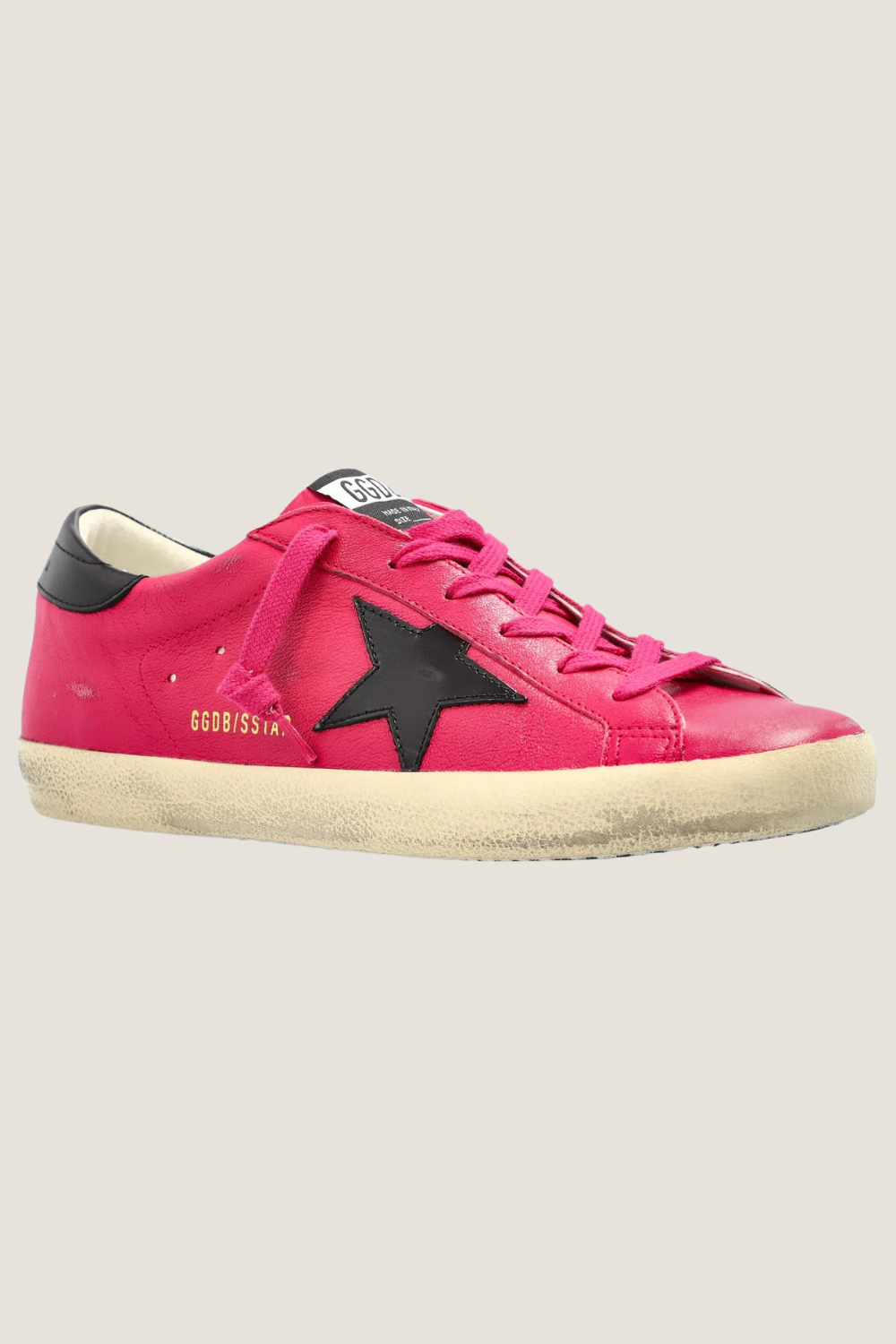 Model wearing Golden Goose Super Star Classic With List Hot Pink Mogano side view
