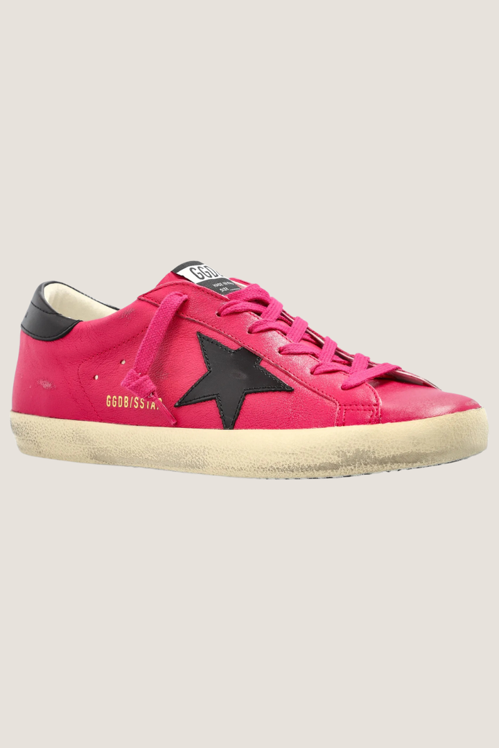 Model wearing Golden Goose Super Star Classic With List Hot Pink Mogano side view