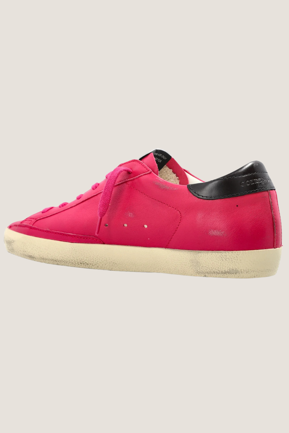 Model wearing Golden Goose Super Star Classic With List Hot Pink Mogano side view
