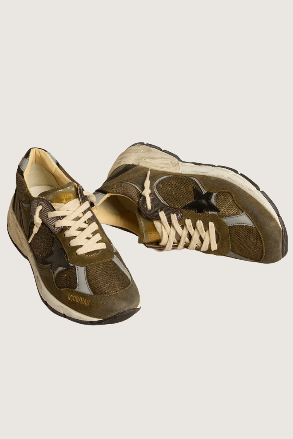 Flat lay of Golden Goose Running Dad New Olive Green Grey Black front/top view