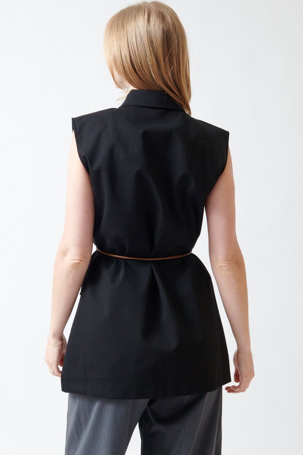 Madi wearing Herno Jersey Sleeveless Top Black rear view