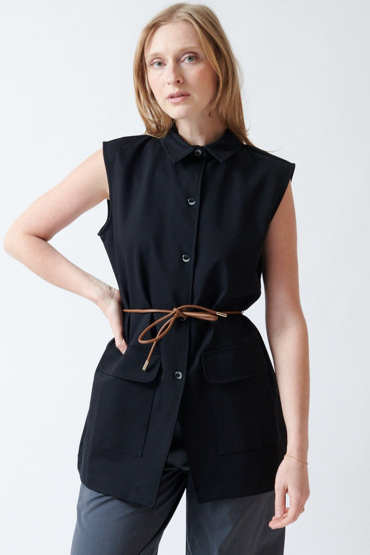 Madi wearing Herno Jersey Sleeveless Top Black front view